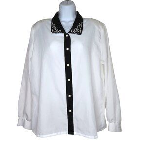 Vintage 80s Button-Up Blouse White Black Embroidery Collar Size 12 Western Style